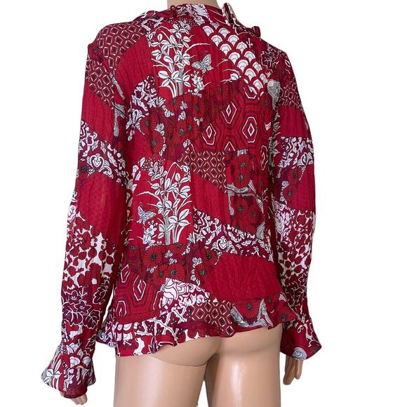 Sunny Leigh top blouse button wrap red/white crinkle material trumpet sleeves SM - Picture 3 of 11
